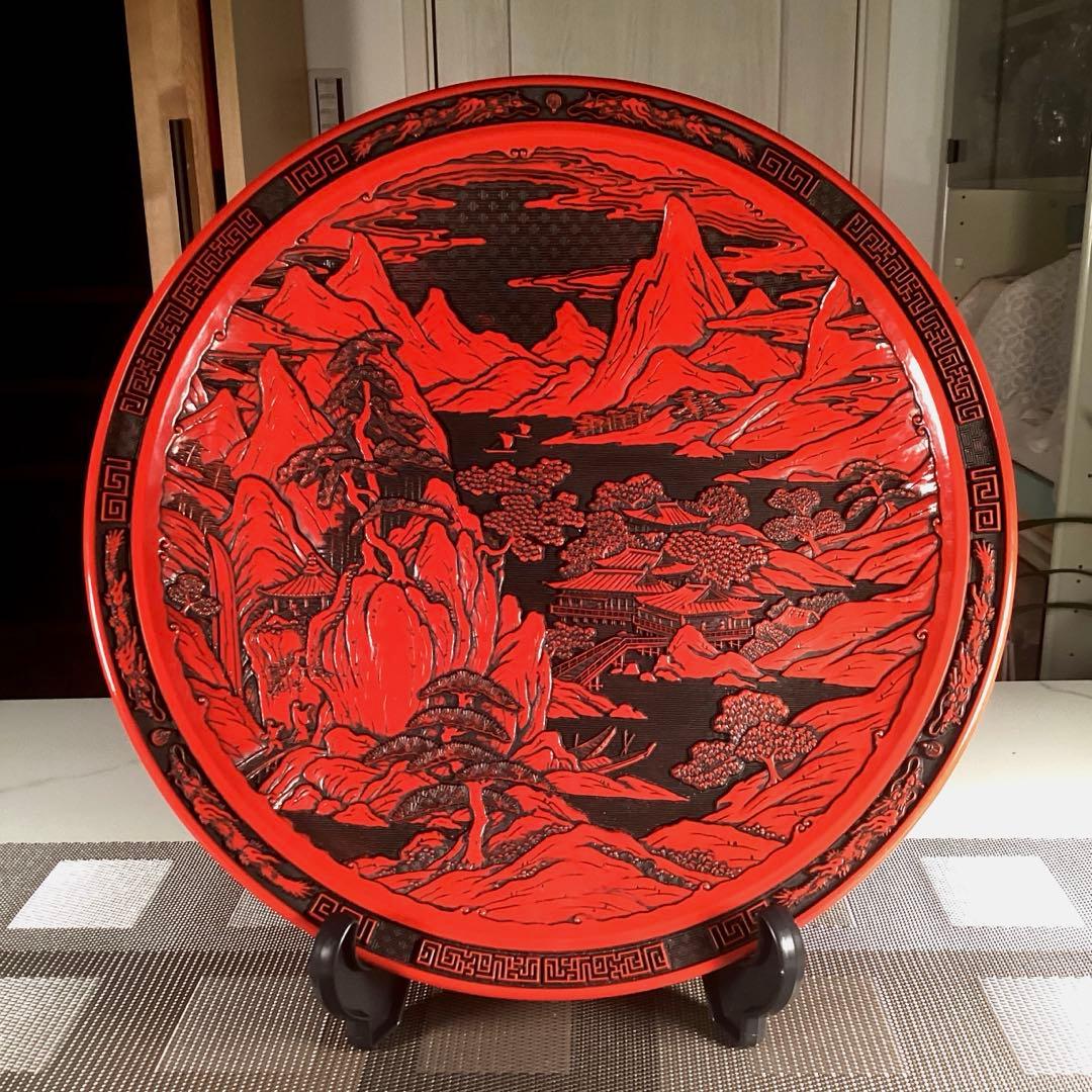 『フォロうー特価』　堆朱　大皿　飾り皿　皿立て付き　特大サイズ