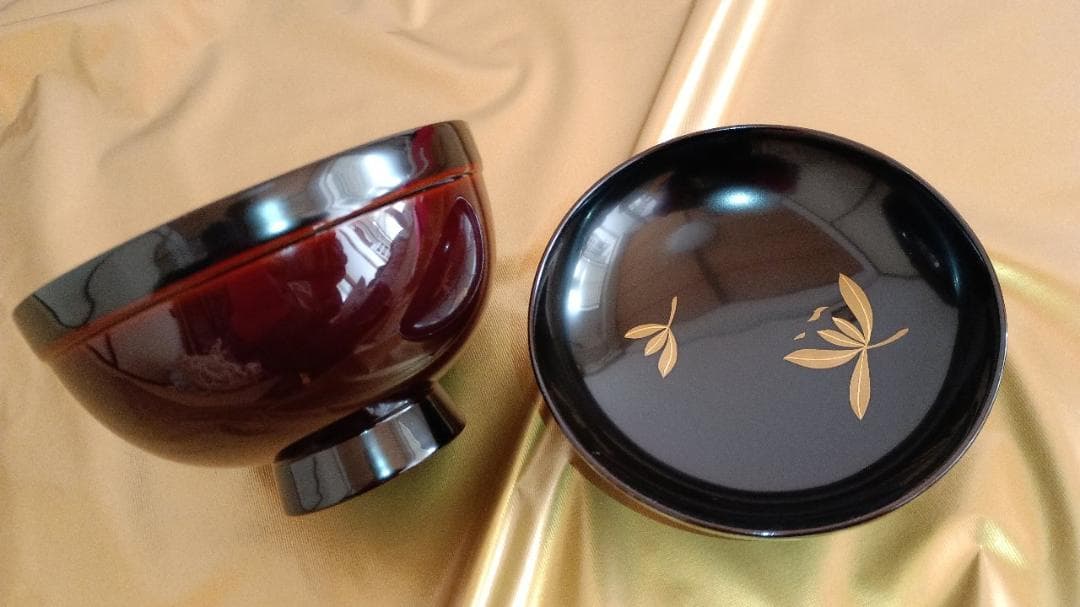 【天然木・本漆・新】越前溜塗 葉模様金蒔絵　吸物椀五客 大丸高級品