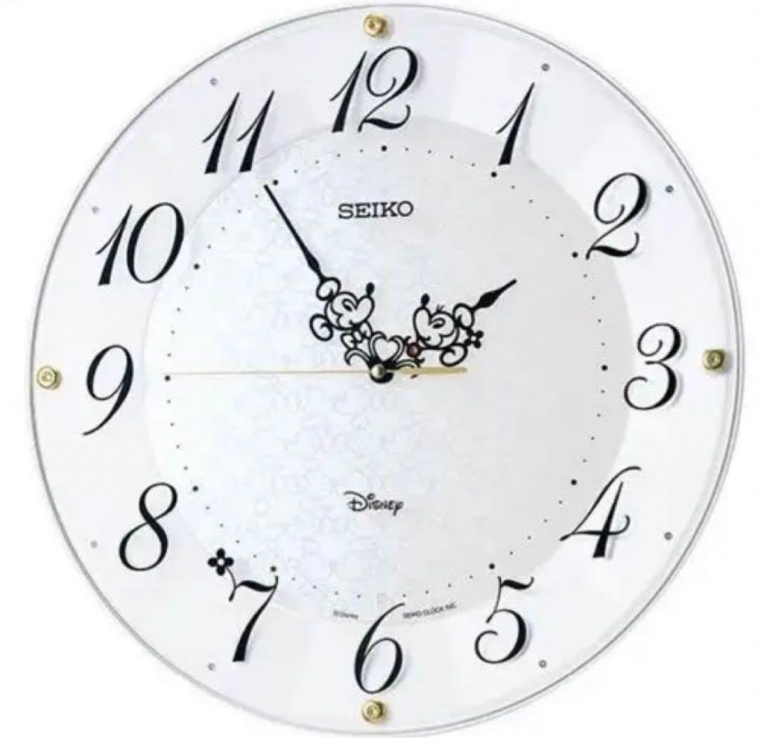 ディズニー ミッキーマウス　掛け時計 電波 白パール セイコー　クリスタル　花