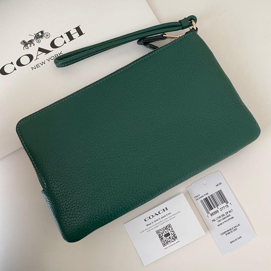 COACH コーチ　ダブルジップポーチ　長財布　リストレット ダークパイン　緑色