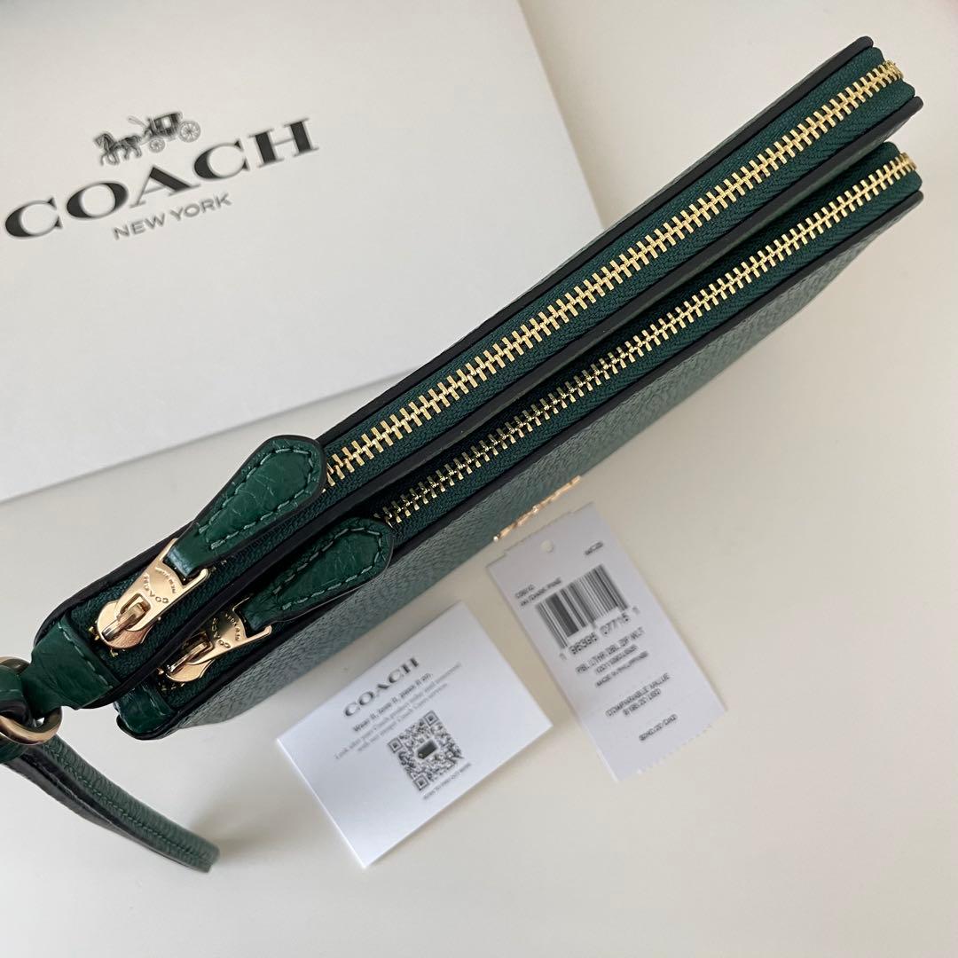 COACH コーチ　ダブルジップポーチ　長財布　リストレット ダークパイン　緑色