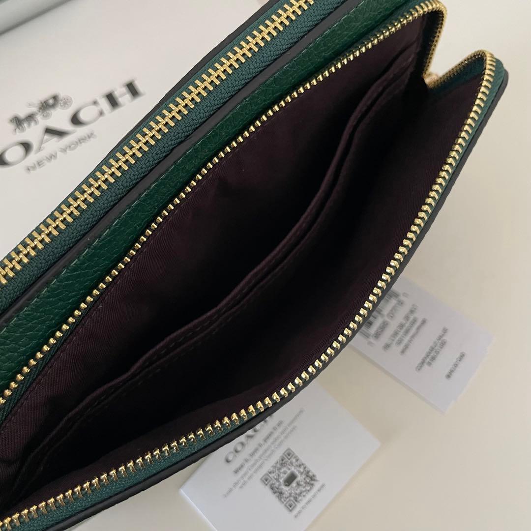 COACH コーチ　ダブルジップポーチ　長財布　リストレット ダークパイン　緑色