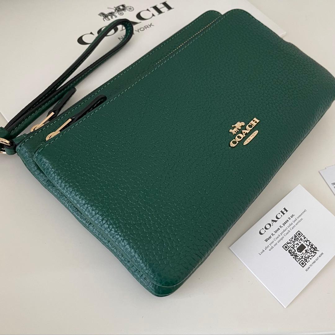 COACH コーチ　ダブルジップポーチ　長財布　リストレット ダークパイン　緑色