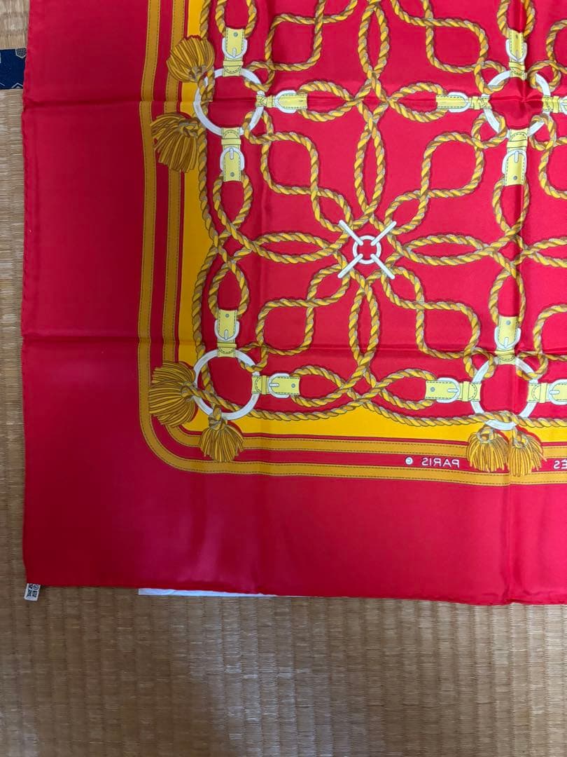 エルメス カレ90 シルクスカーフ 赤 ゴールド 鎖柄 正規品