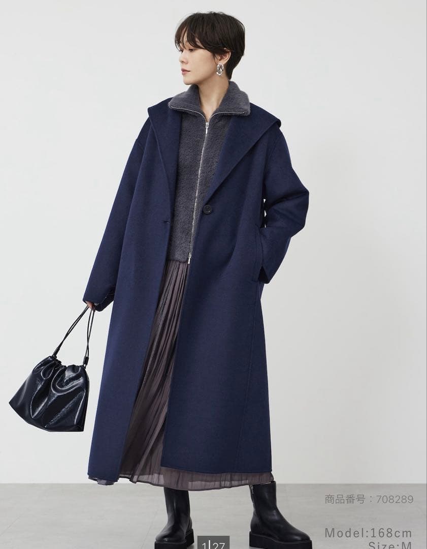 今期ウールブレンドリバーフーディーロングコート xsサイズ ネイビー
