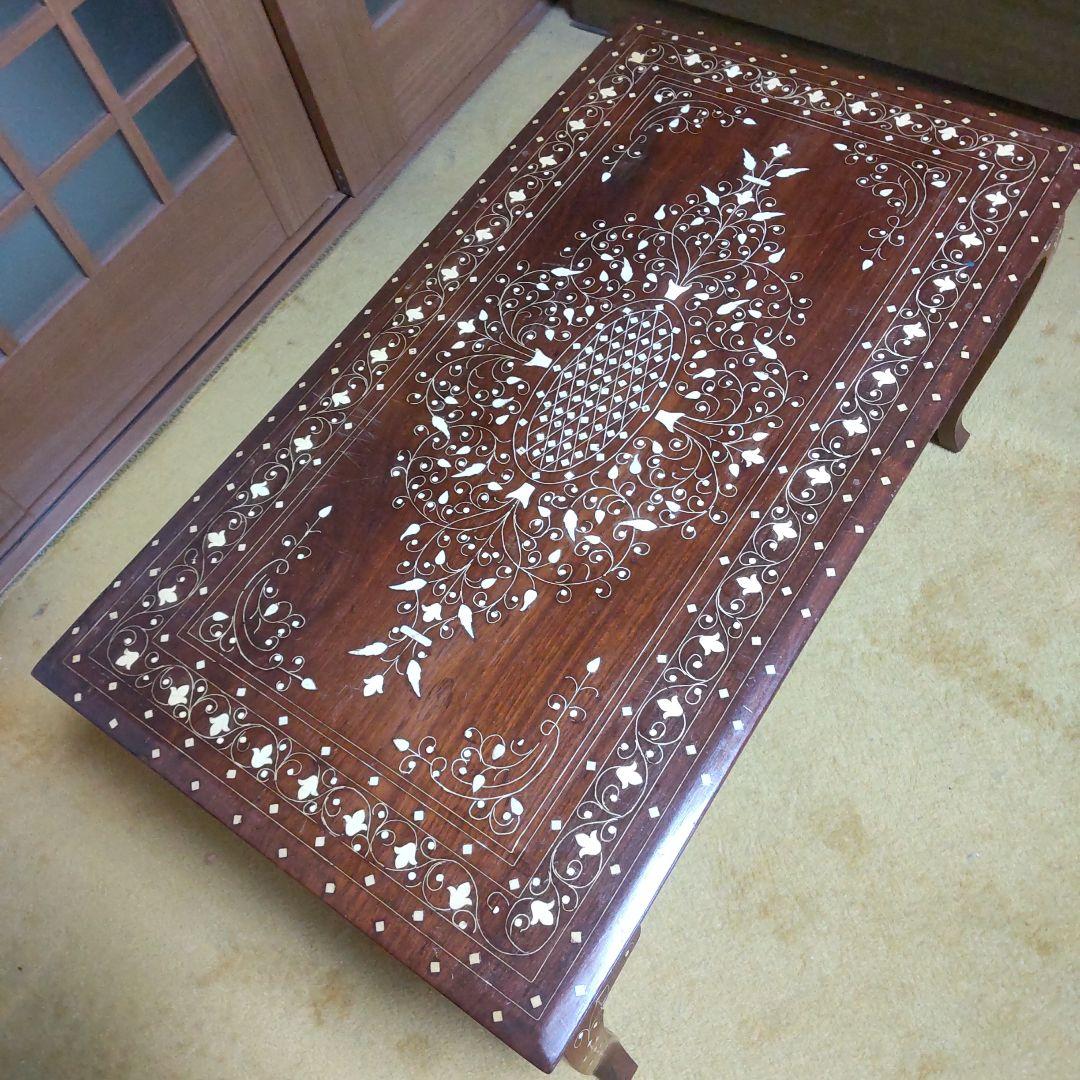木製テーブル 象嵌細工 ダークブラウン
