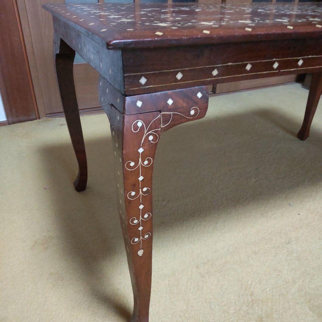 木製テーブル 象嵌細工 ダークブラウン