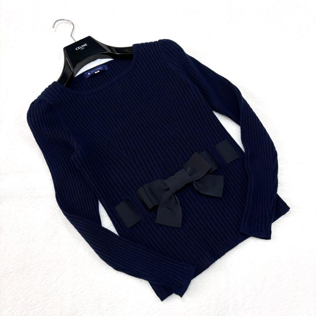 【エムズグレイシー】40 ウール リブ ニット ネイビー リボン クルーネック