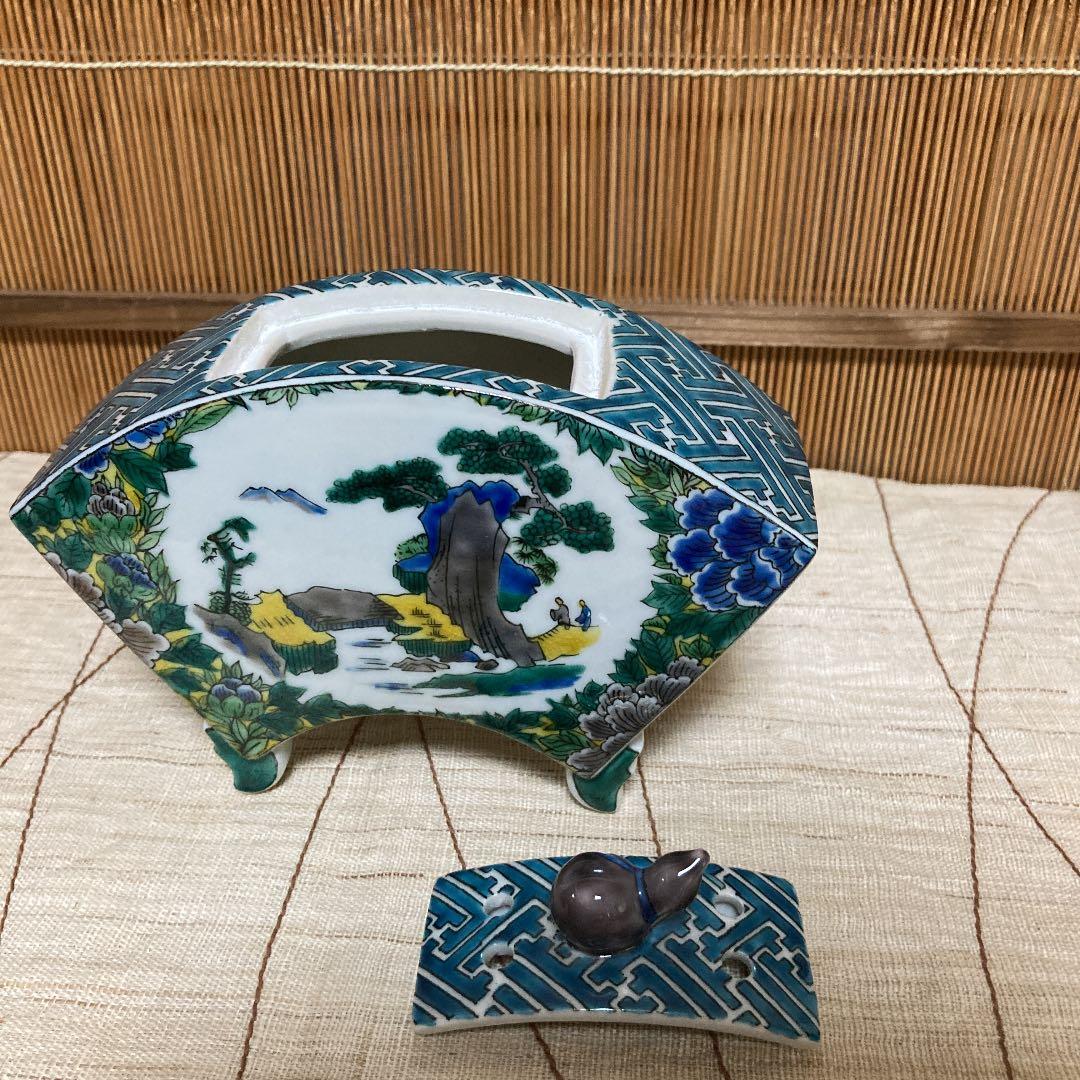九谷焼　吉田屋風牡丹　山水獅子　扇型香炉