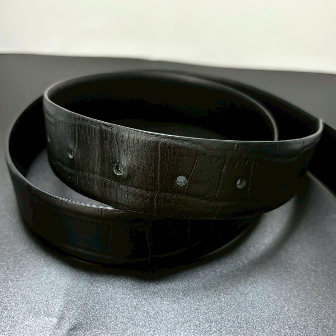 極美品 エンポリオアルマーニ ベルト レザー クロコ型押し シルバー金具 黒