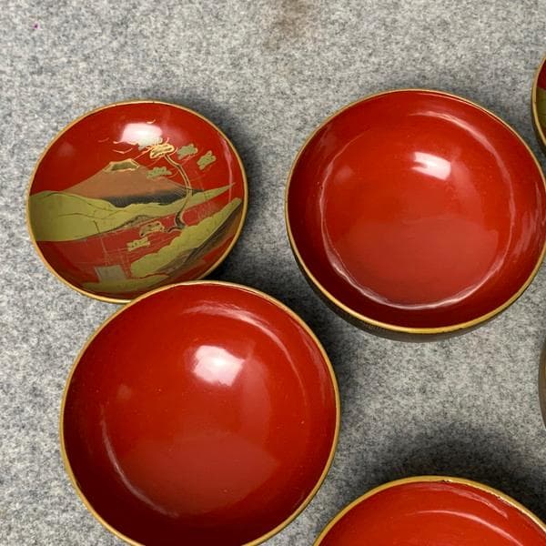 会津塗鉄錆塗木製蒔絵富士山吸物椀4個[B34145]