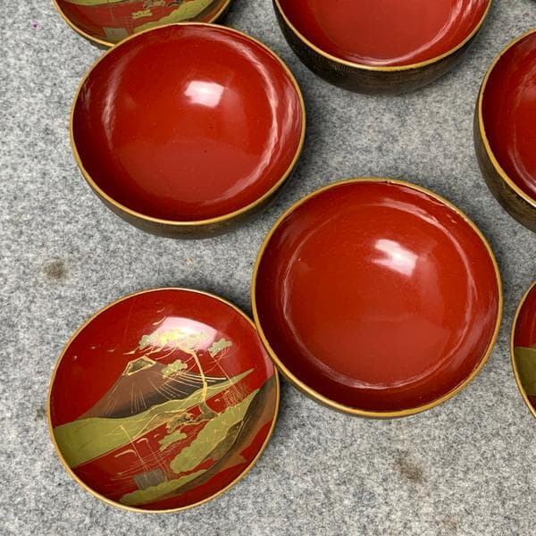会津塗鉄錆塗木製蒔絵富士山吸物椀4個[B34145]