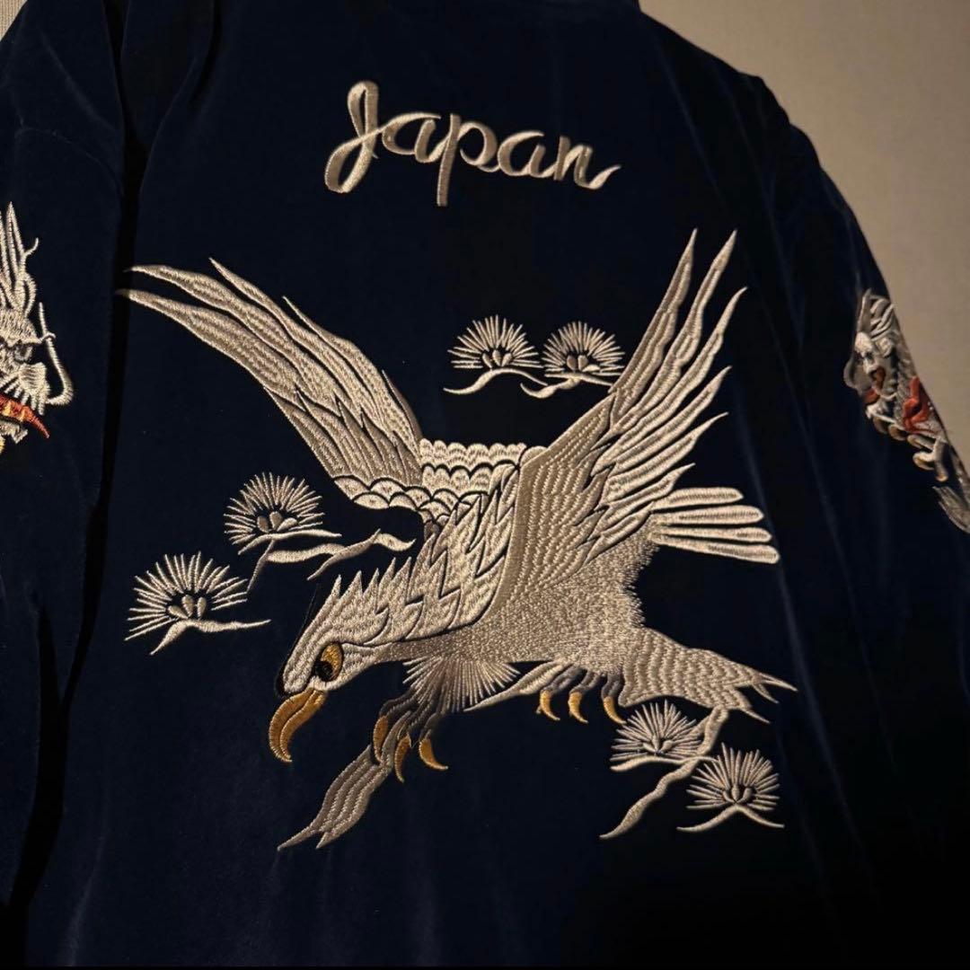 TK【中綿ブルゾン】刺繍ドラゴンと鷲のベルベットジャンパー　ネイビー