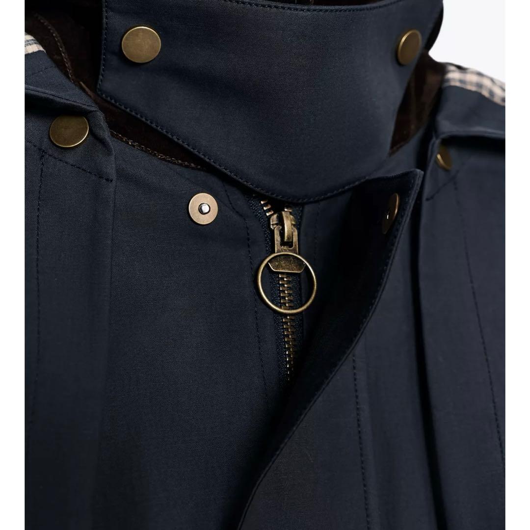 新品 ZARA コントラストラペルフード付き トレンチコート ネイビー Mサイズ