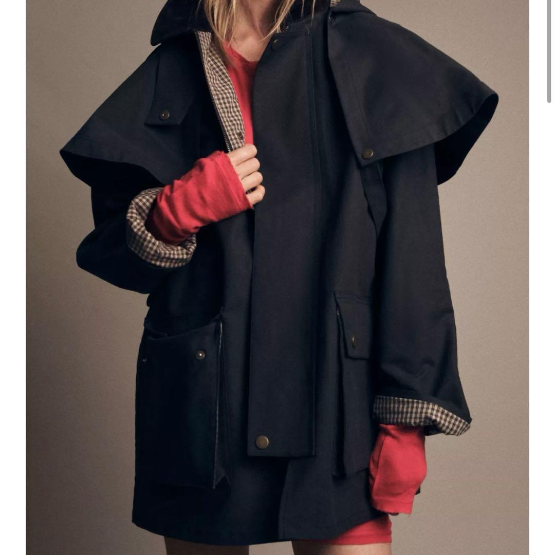 新品 ZARA コントラストラペルフード付き トレンチコート ネイビー Mサイズ