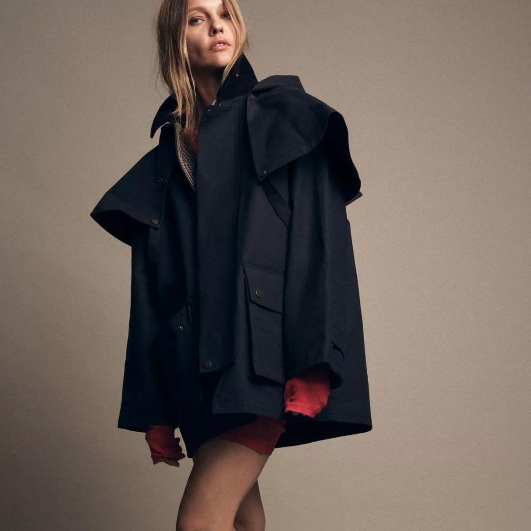 新品 ZARA コントラストラペルフード付き トレンチコート ネイビー Mサイズ