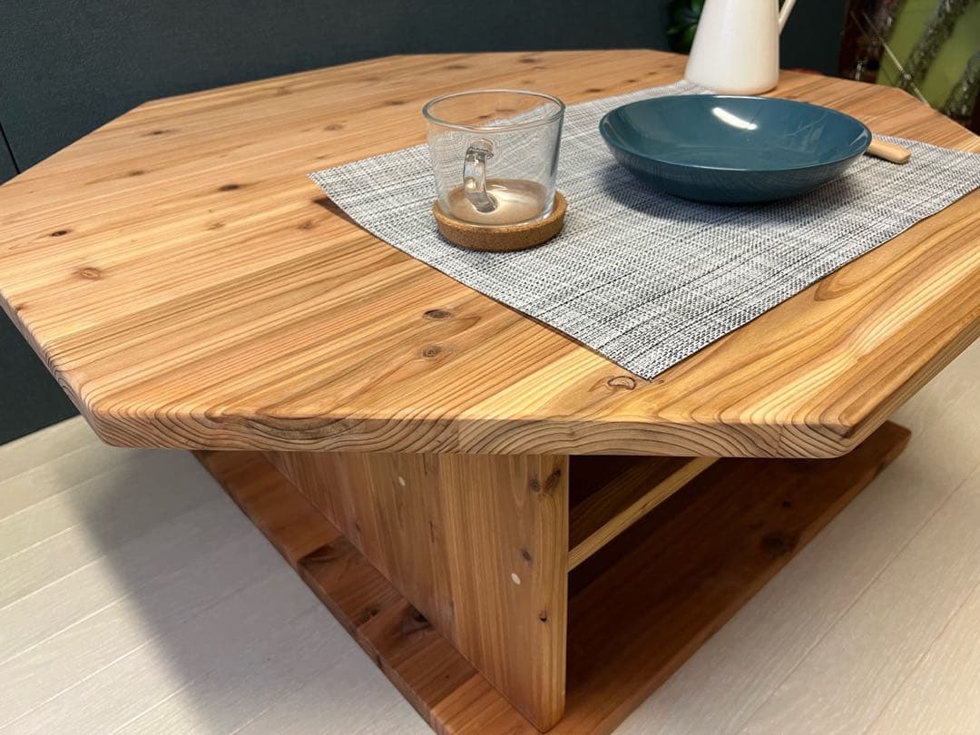 【送料無料】 ローテーブル 八角形 90cm 杉 ナチュラル 棚付き