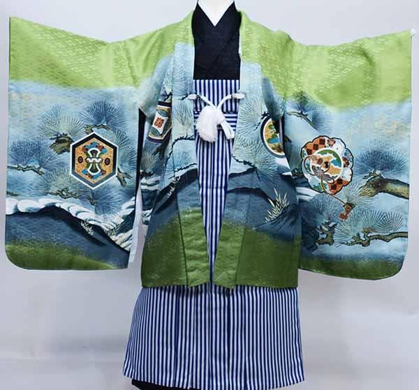 七五三 五歳 男児 羽織袴フルセット 緑地 鷹 縞袴 袴変更可能 NO37391