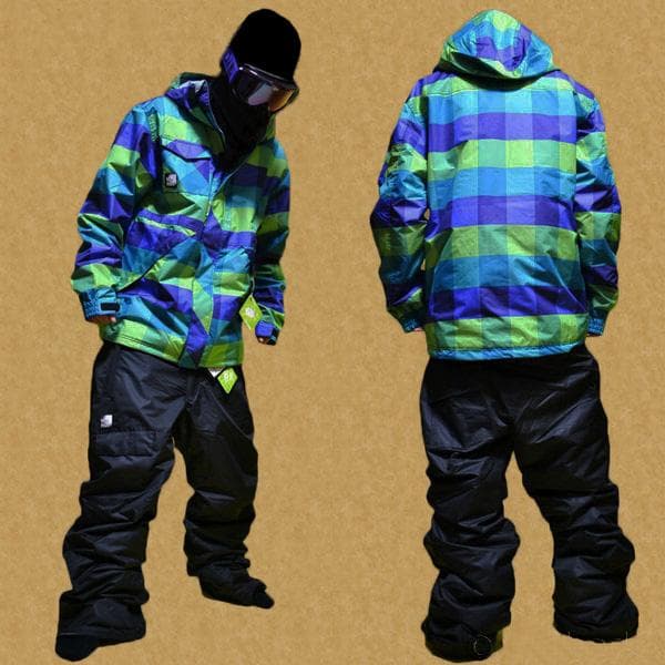 ■WH■スノーボード ウェア上下セットアップ■緑青チェック /黒■Mサイズ