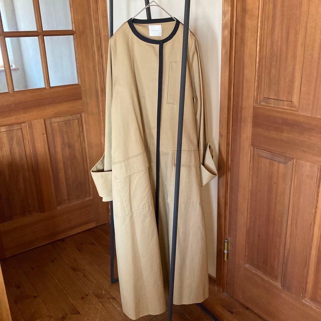 Limue ロングコート　ワイドスリーブ　ノーカラー　パイピングコート　F