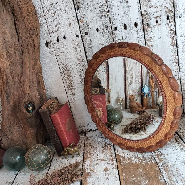 70-80s ヴィンテージ ラウンド ウッド フレーム ウォールミラー 壁掛け鏡