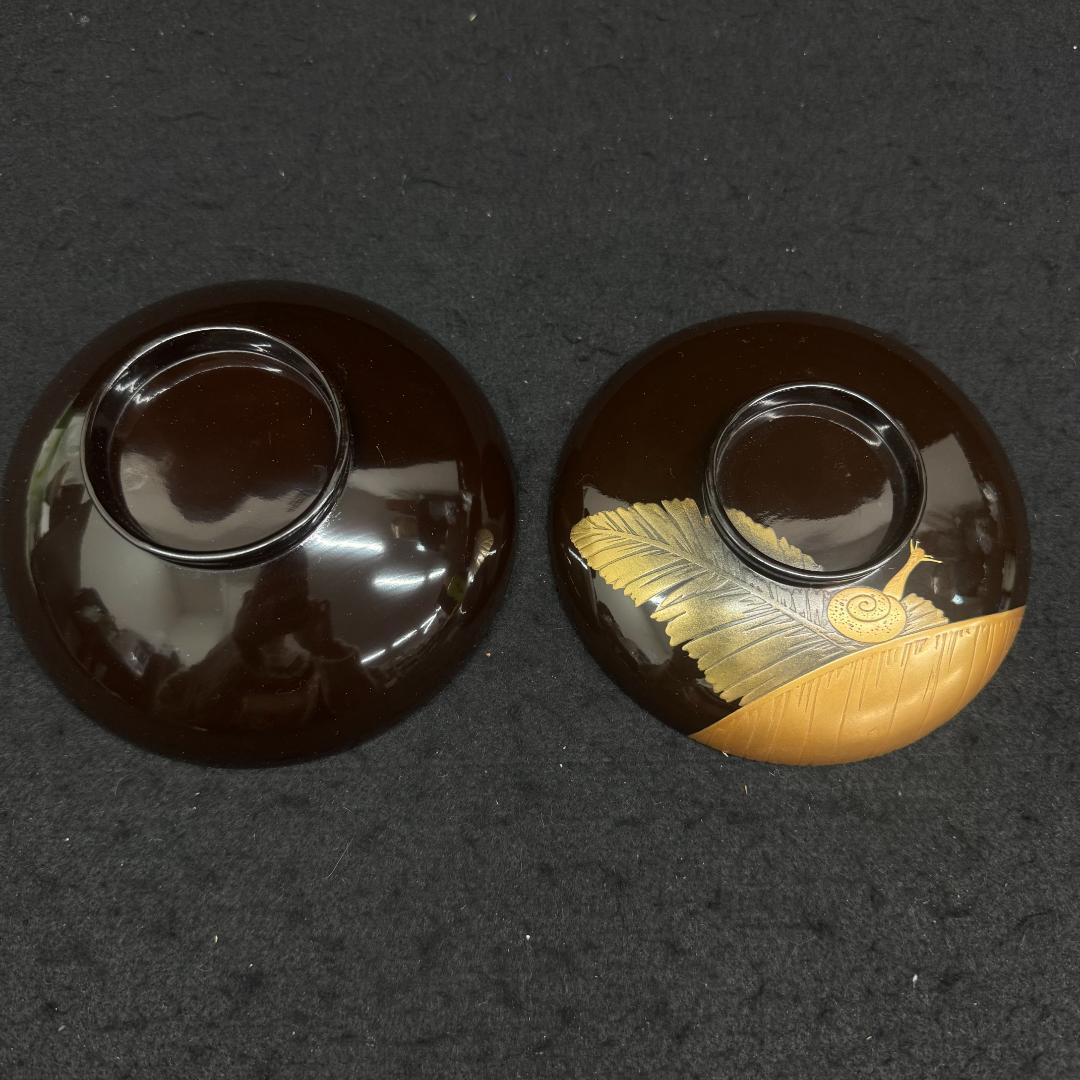 木製漆塗 蒔絵 吸物椀５客 時代物 輪島塗 漆器　葉っぱ　カタツムリ共箱
