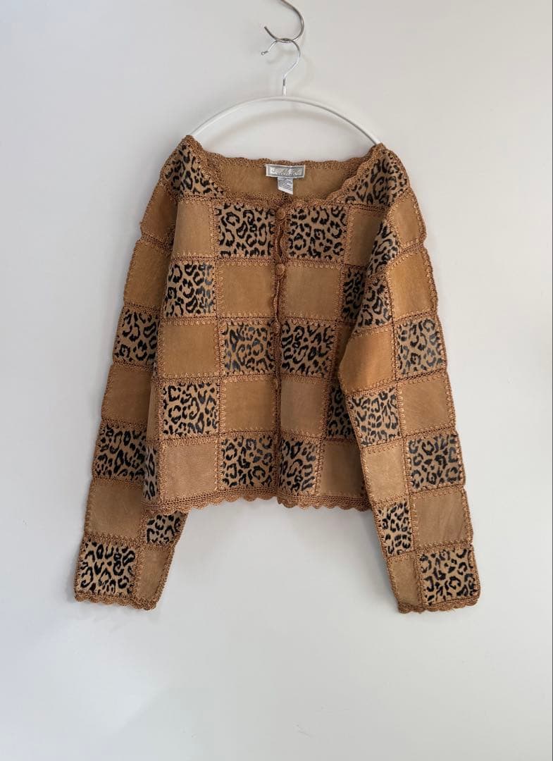 90s レオパード レザー パッチワークジャケット ベージュ hooked