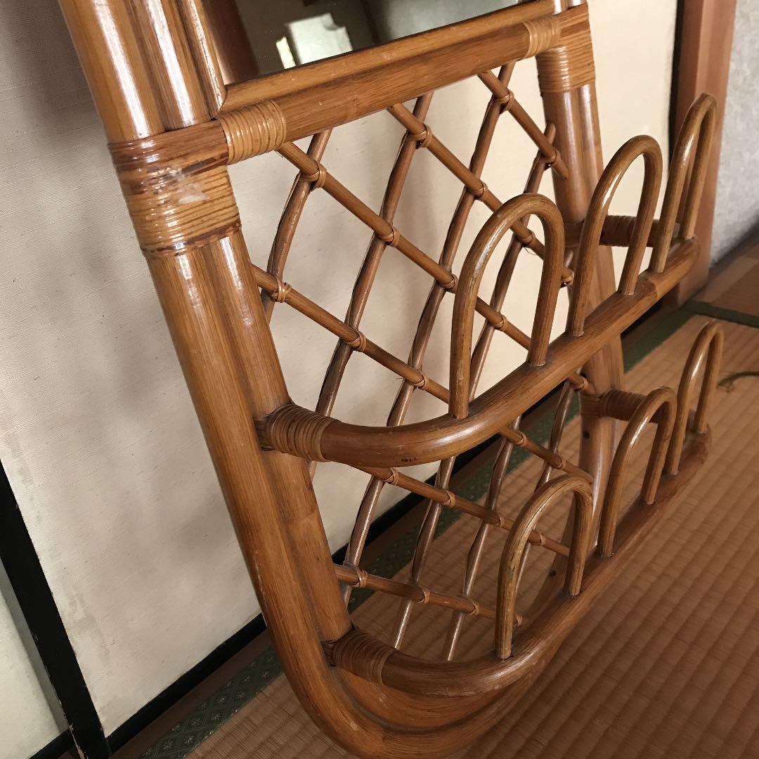 ラタン　ミラー　壁掛け　鏡　籐　姿見　スリッパラック付