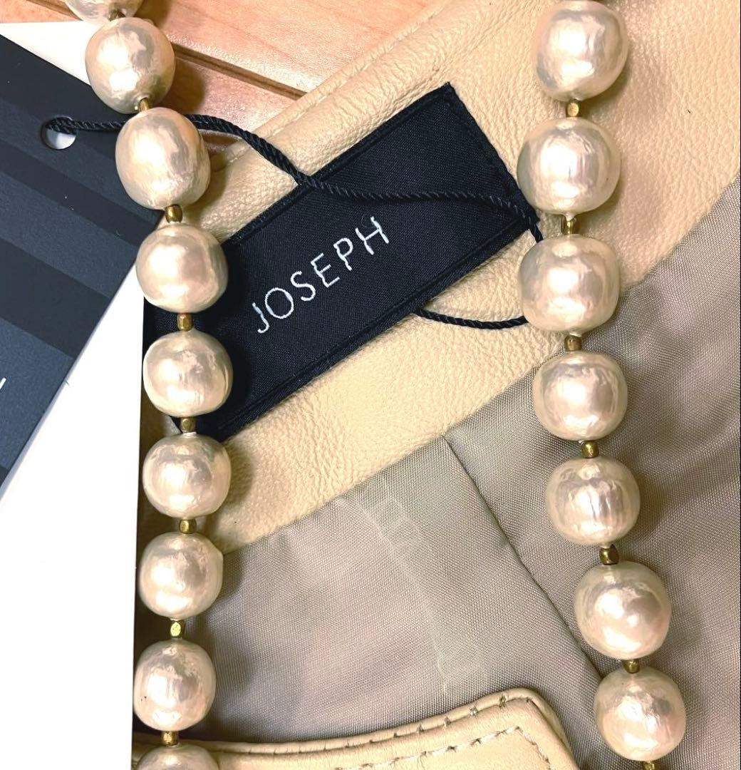 未使用タグ付JOSEPH◆羊革ノーカラーレザーブルゾン38クリーム色10万