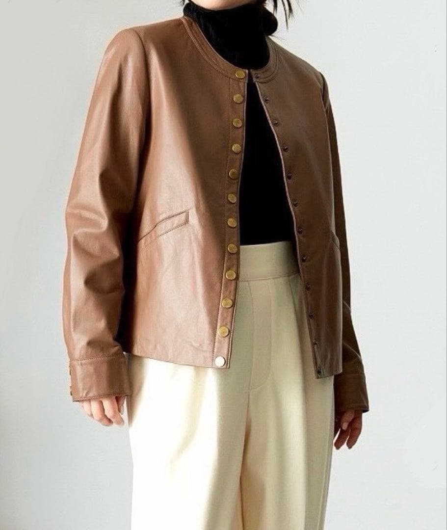 未使用タグ付JOSEPH◆羊革ノーカラーレザーブルゾン38クリーム色10万