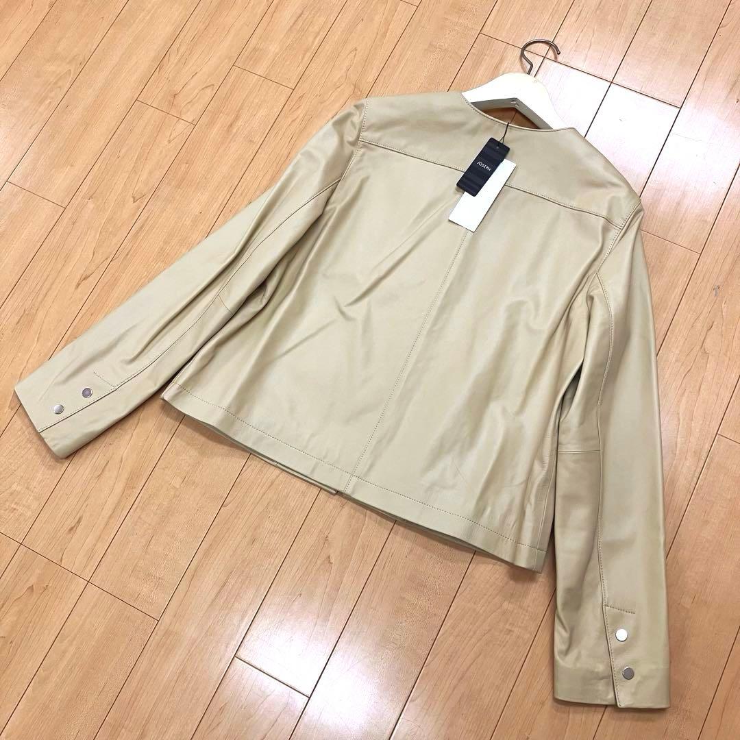 未使用タグ付JOSEPH◆羊革ノーカラーレザーブルゾン38クリーム色10万