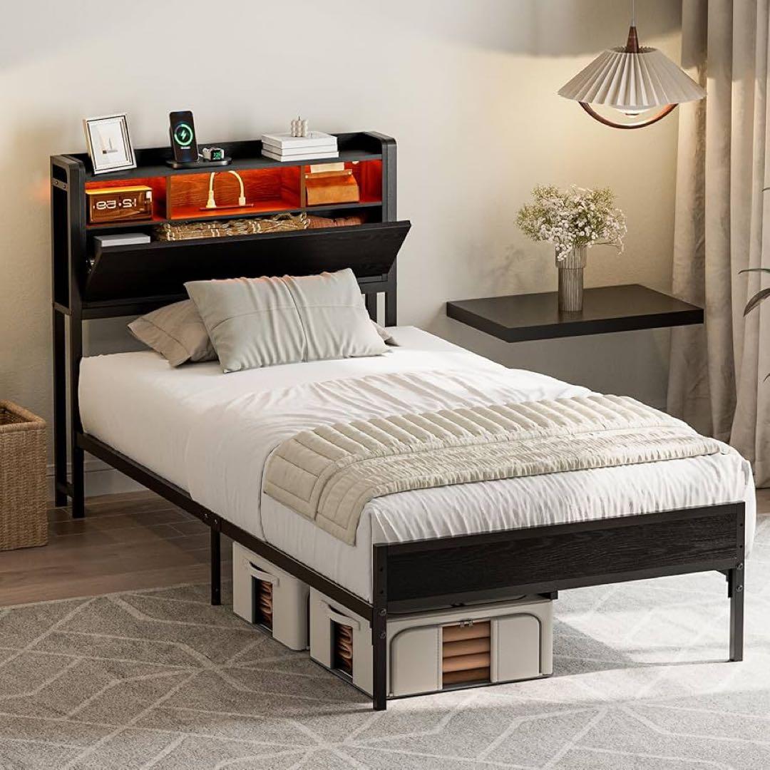 ベッドフレーム シングル 収納宮棚付き パイプベッド コンセント付き 黒