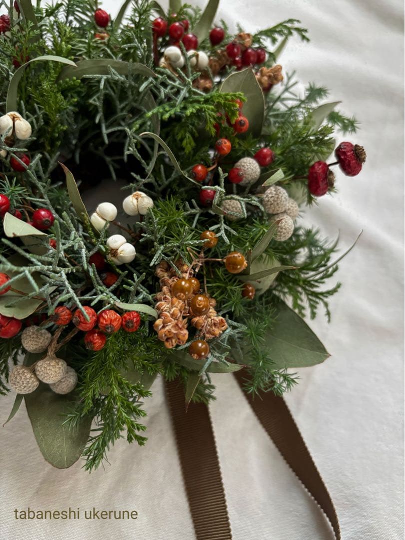 モミの木と赤い野バラの実や数種類の針葉樹を紡いだ可愛らしい　クリスマス　リース