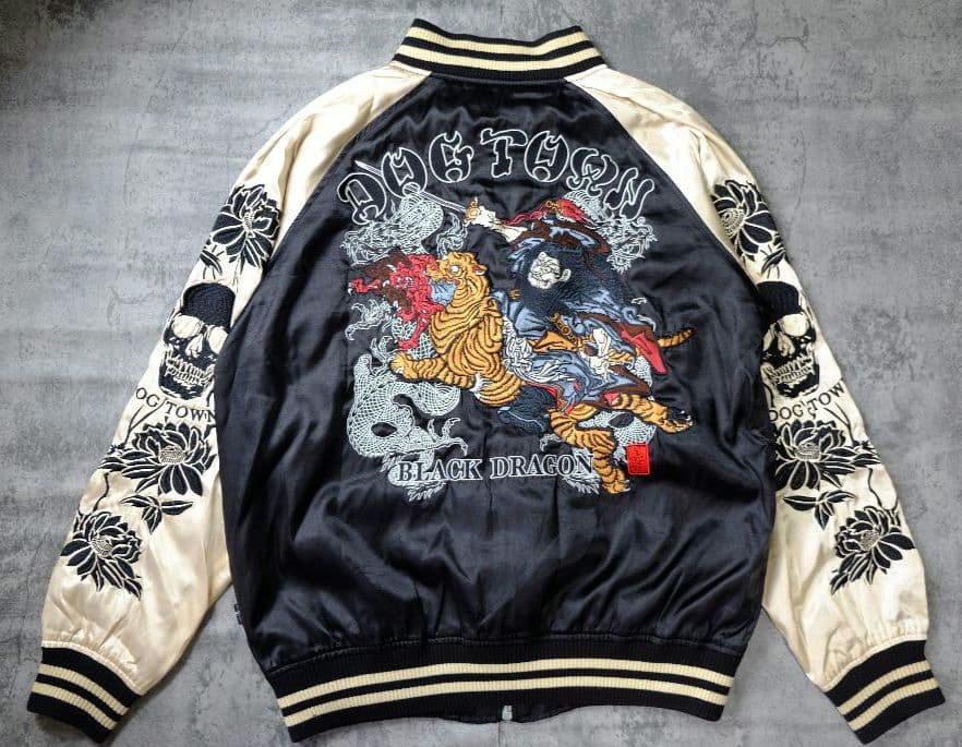 ドッグタウン✨スカジャンドラゴン 黒龍 ドクロ L 刺繍 DOG TOWN