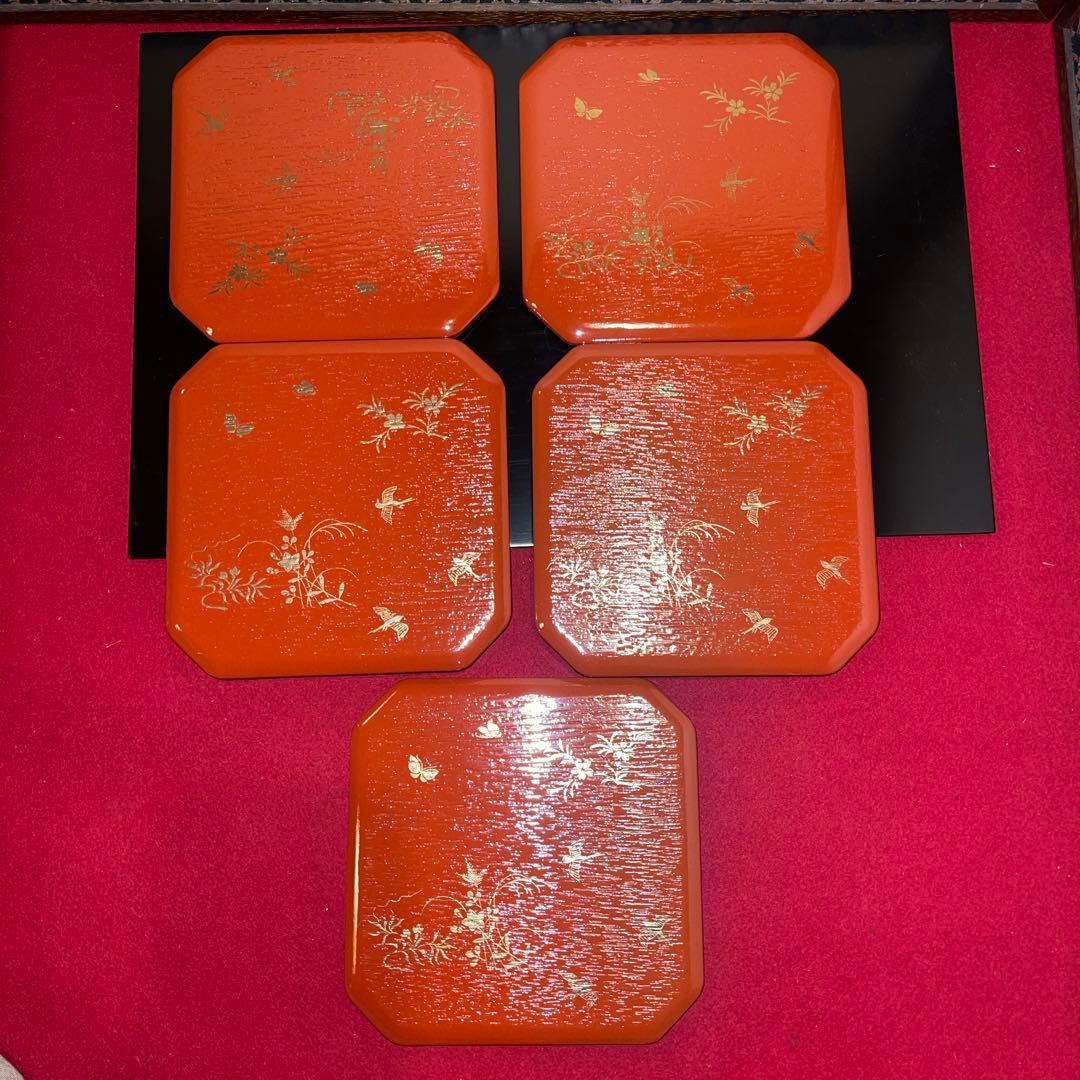 茶道具　朱縁高重花鳥絵　蓋付