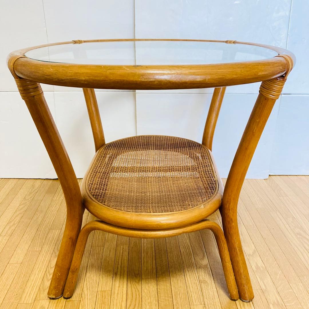 ヴィンテージ　ラタン　ガラス　天然素材　ローテーブル　ガラステーブル