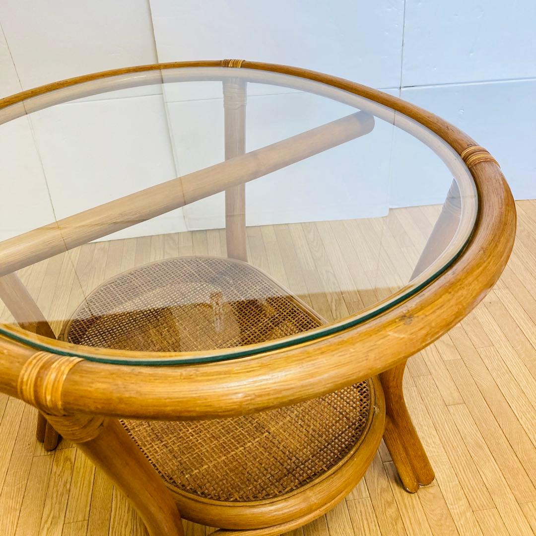 ヴィンテージ　ラタン　ガラス　天然素材　ローテーブル　ガラステーブル