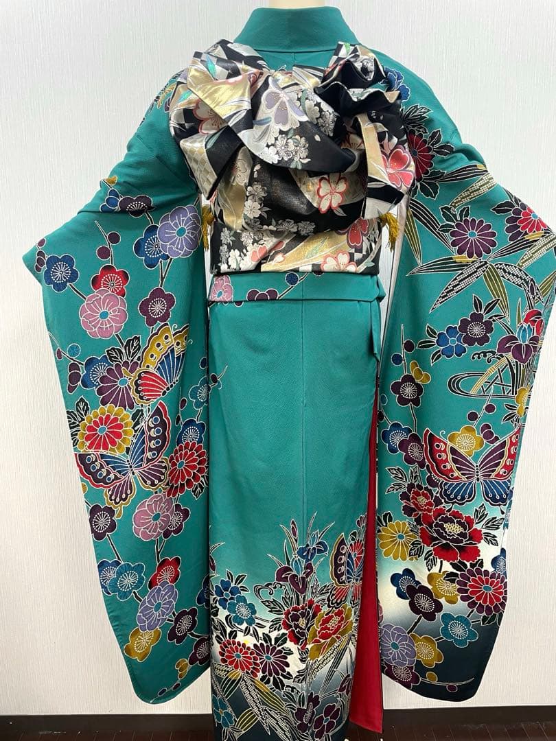 梅乃【159】正絹　振袖　セット　前撮り　成人式　撮影　紅型　青緑　大人　古典