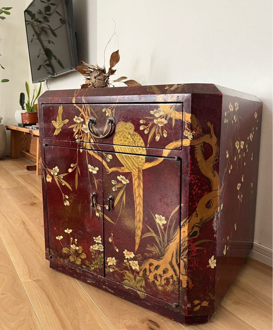 中国美術　中国家具　最高級　朱塗り　箪笥　花柄　小鳥　花鳥画