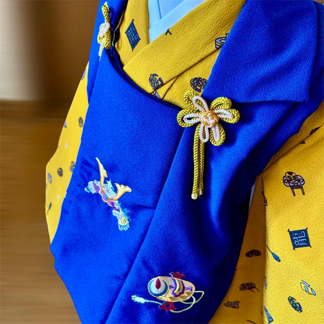 七五三 男の子 被布セット 青×からし色 3歳 フルセット 専用箱