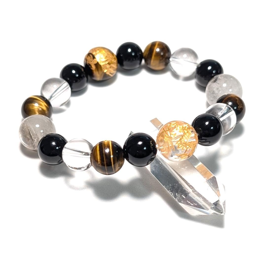 昇龍の加護 皇帝龍タイガーアイ 水晶 オニキス プラチナルチル 数珠ブレスレット