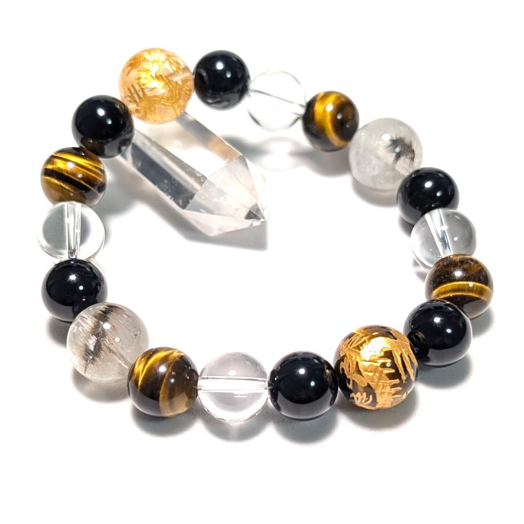 昇龍の加護 皇帝龍タイガーアイ 水晶 オニキス プラチナルチル 数珠ブレスレット