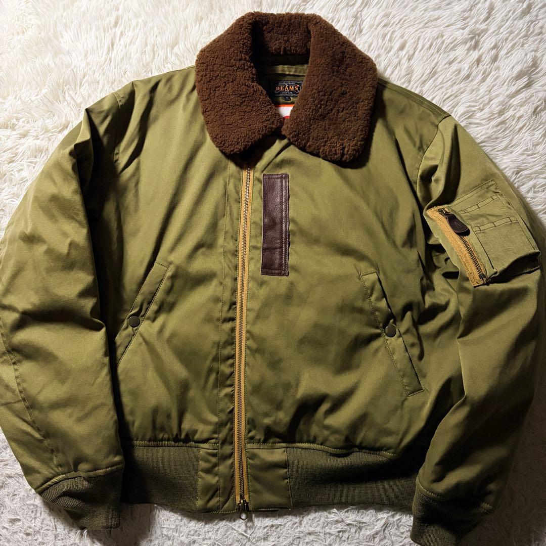 美品■BEAMS + フライトジャケット　B-15A 襟ボア　カーキ