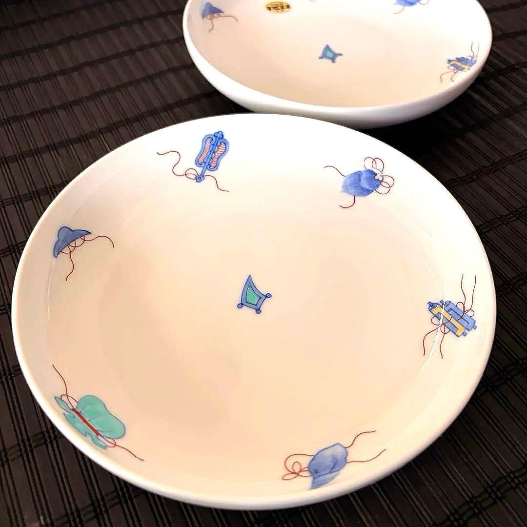 【未使用品】【伊万里鍋島焼】畑萬陶苑 手描き 宝尽くし文 盛皿 中皿 2枚