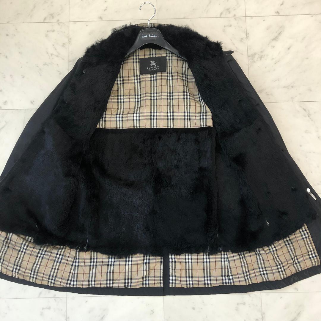 バーバリー ステンカラーコート Lサイズ ノバチェック ラビットファー 黒色