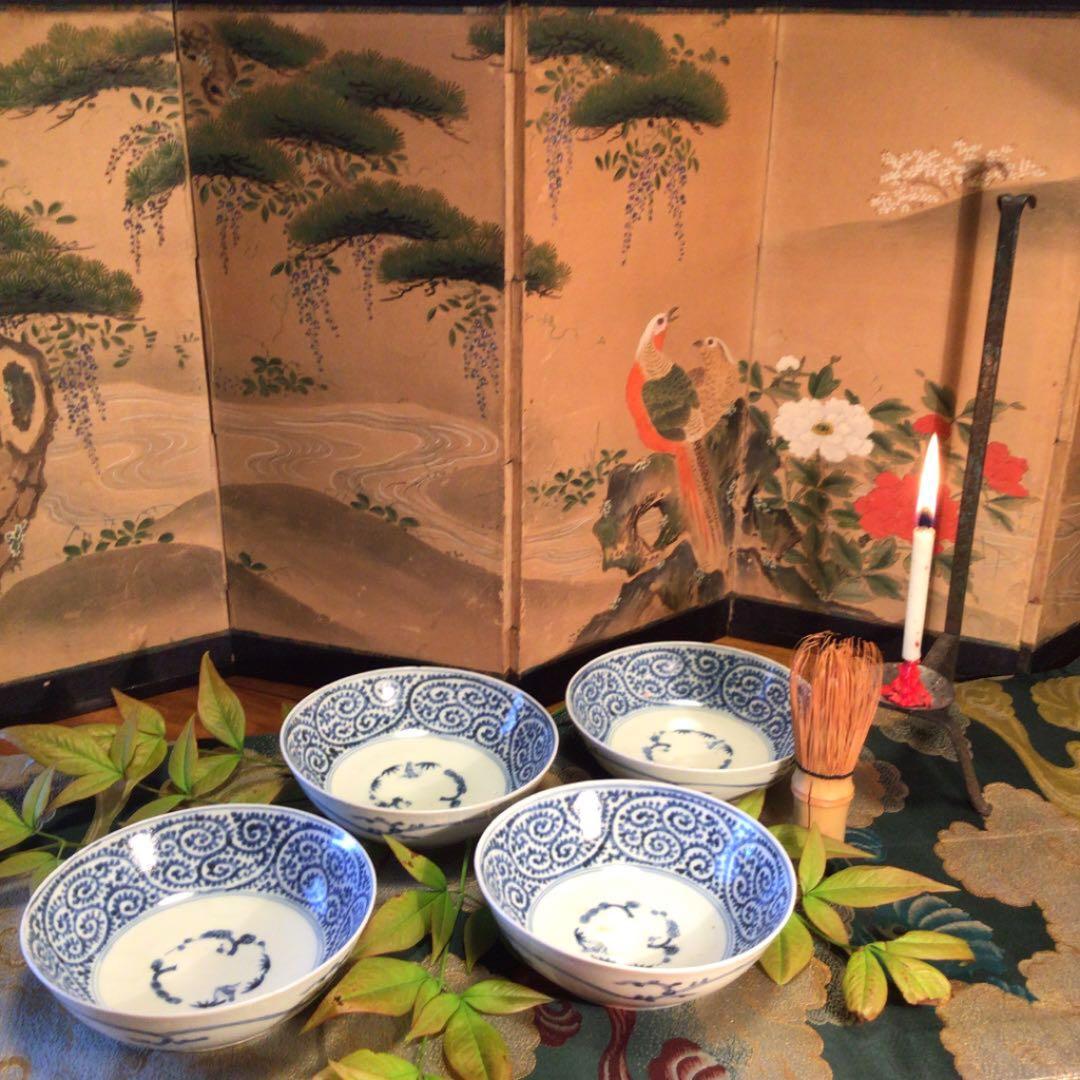 A344 古伊万里　染付　蛸唐草紋様　膾皿　　4客