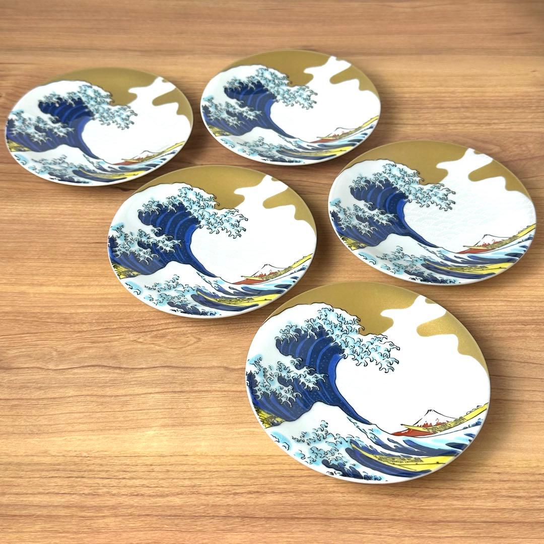 九谷焼　新品　4号皿　波　葛飾北斎　小皿　6枚　青郊窯