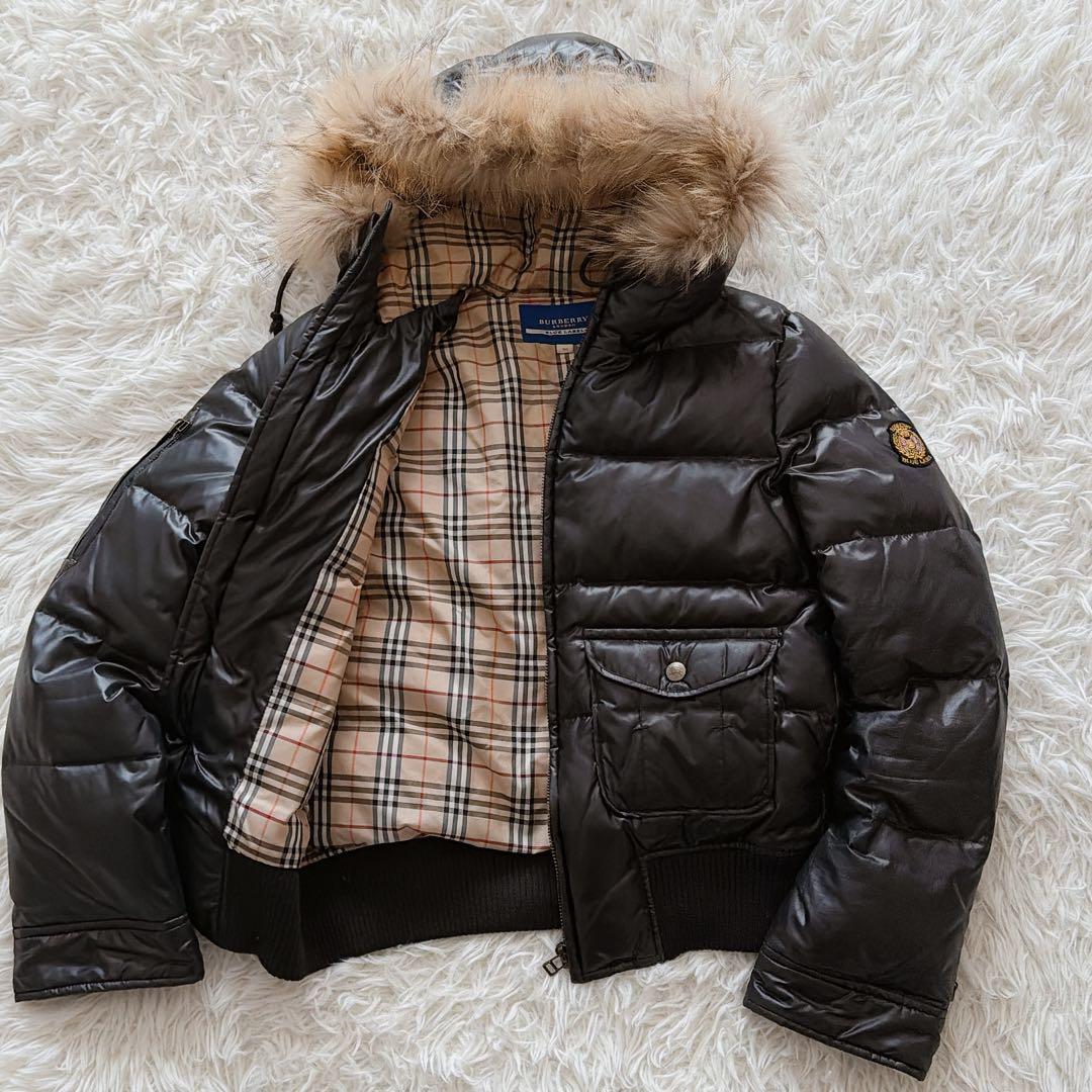 バーバリーブルーレーベル ラクーンファー ダウンジャケット ノバチェック 総柄