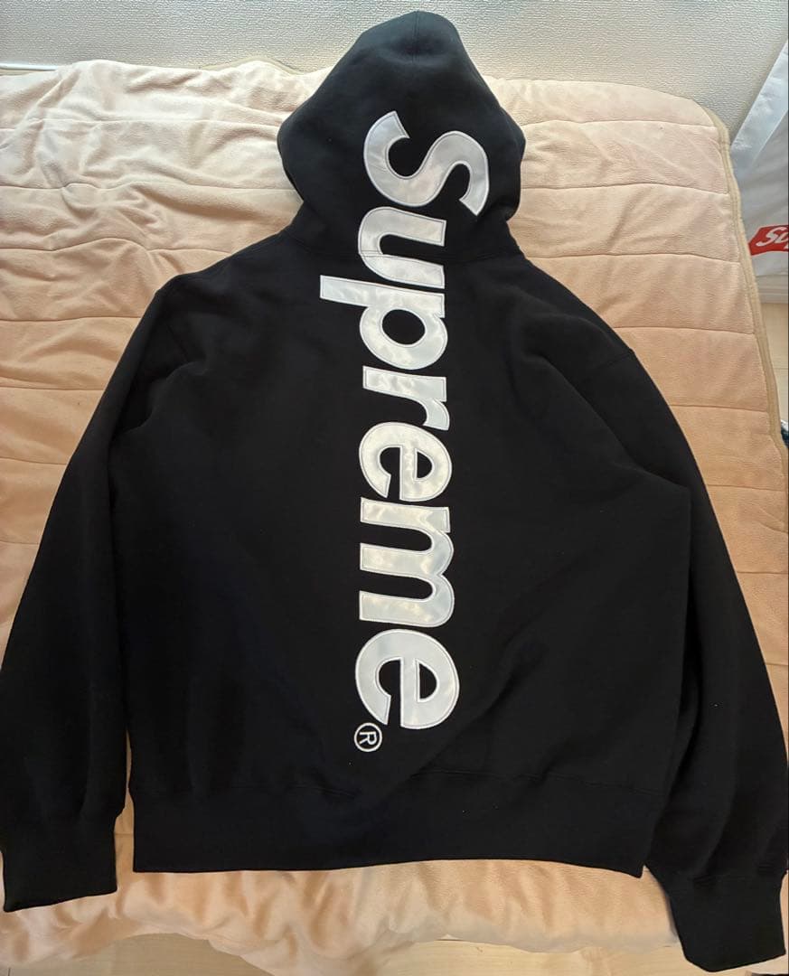 Supreme サテン アップリケ フーディ パーカー M ブラック