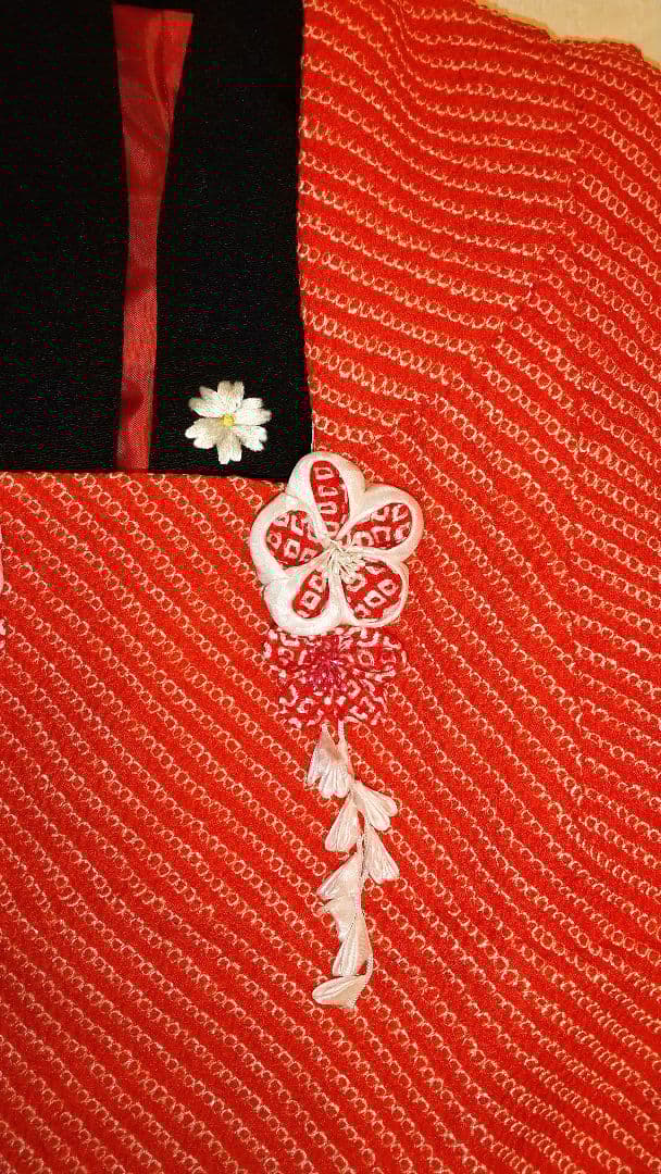 【セット】七五三 三歳女児 黒着物 絞り朱色被布